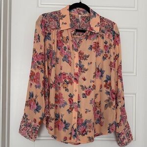 Free People Hold On To Me Button Down Coral Floral Print Top w/long sleeves Sz M